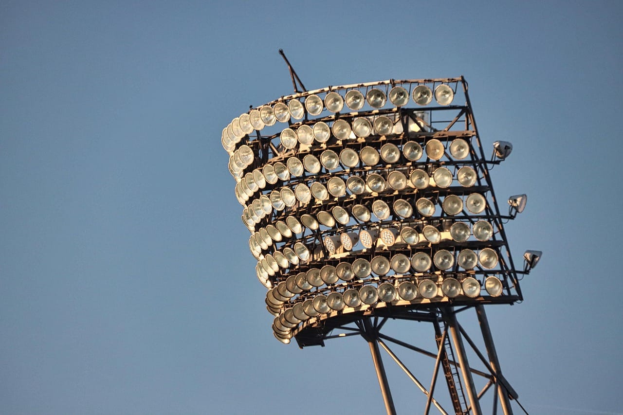 An early floodlight tower. Many clubs still have their original steel.
